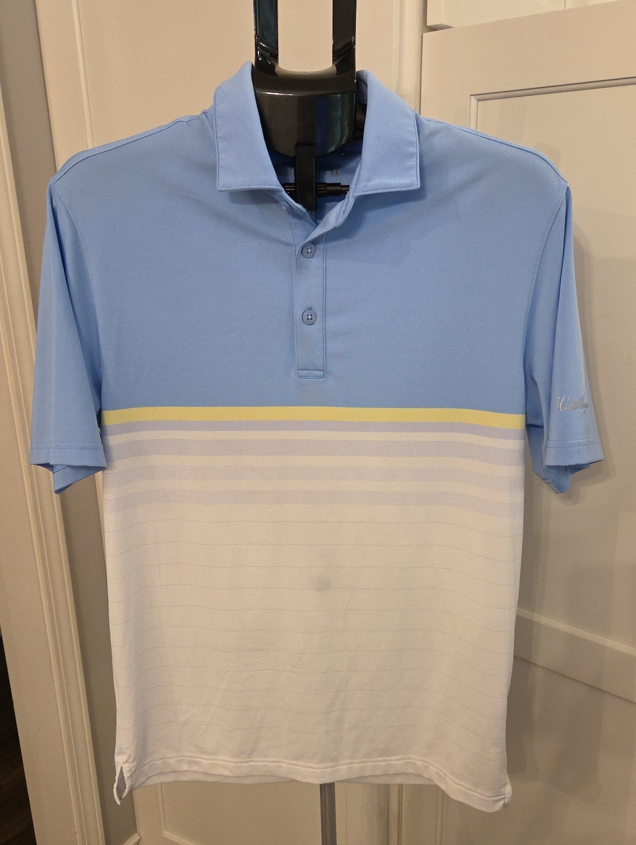 Walter Hagen Mens Sm Light Blue And White Striped Golf Polo With Yellow Accent